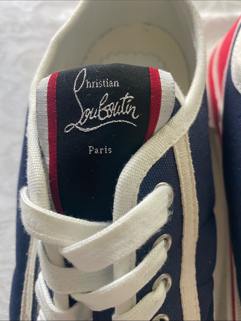 Christian Louboutin Men's Navy Canvas Sneakers with White Trim and Red Accent - Picture 2 of 11